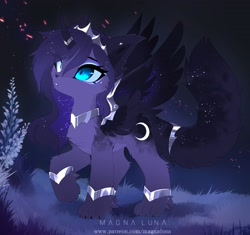 Size: 3300x3099 | Tagged: safe, artist:magnaluna, princess luna, hybrid, pony, sphinx, g4, bracelet, chest fluff, constellation, constellation hair, ethereal mane, female, flower, fluffy, grass, high res, horn, horn ring, jewelry, night, paws, ring, solo, spread wings, starry mane, starry wings, wings