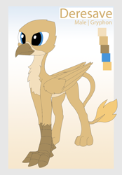 Size: 1000x1440 | Tagged: safe, artist:deresave, oc, oc only, oc:deresave, griffon, claws, gradient background, griffon oc, male, paws, reference sheet, solo, text