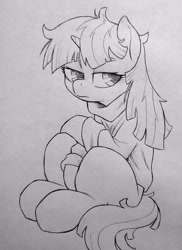 Size: 2710x3731 | Tagged: safe, artist:public mistake, moondancer, pony, unicorn, g4, female, frown, grayscale, high res, lidded eyes, loose hair, mare, messy mane, missing accessory, monochrome, no glasses, pencil drawing, sitting, solo, traditional art