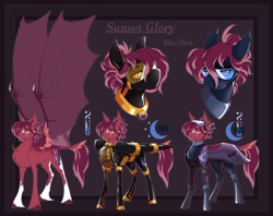 Size: 2048x1619 | Tagged: safe, artist:parrpitched, oc, oc only, oc:doctor sunset glory(fireverse), bat pony, pony, bat pony oc, chest fluff, clothes, concave belly, fangs, female, fireheart76's latex suit design, gloves, latex, latex boots, latex gloves, latex suit, mare, prisoners of the moon, reference sheet, rubber, rubber suit, scientist, spread wings, wings