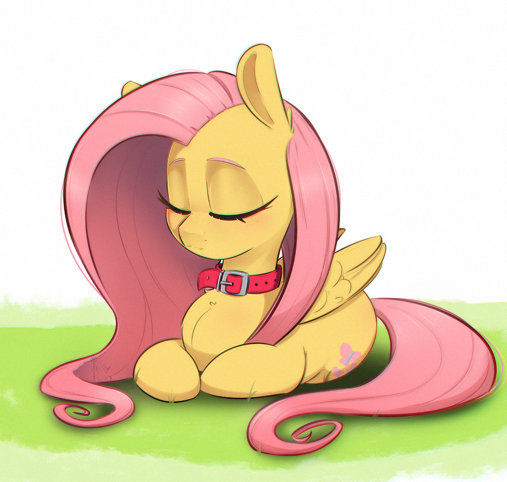 [collar,cute,eyes closed,female,fluttershy,mare,pegasus,pony,pony pet,ponyloaf,prone,safe,simple background,sleeping,solo,white background,lying down,shyabetes,flutterpet,artist:inkypuso]
