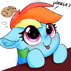 Size: 1080x1080 | Tagged: safe, alternate character, alternate version, artist:twiliset, rainbow dash, pegasus, pony, g4, :p, big eyes, blushing, cookie, cute, daaaaaaaaaaaw, dashabetes, female, food, hooves on the table, looking up, mare, please, simple background, smiling, solo, table, tongue out