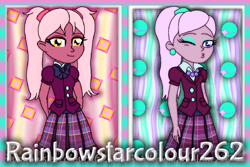 Size: 1536x1024 | Tagged: safe, artist:rainbowstarcolour262, derpibooru exclusive, oc, oc only, oc:taffycoat, oc:zina pearl, human, series:equ wallpapers, equestria girls, g4, abstract background, bowtie, clothes, crystal prep academy uniform, crystal prep shadowbolts, cutie mark background, duo, ear piercing, earring, eyeshadow, female, jewelry, kissy face, looking at you, makeup, necklace, one eye closed, pearl necklace, piercing, pigtails, plaid skirt, pleated skirt, ponytail, purple eyes, school uniform, shirt, signature, skirt, twintails, wink, winking at you, yellow eyes