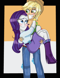 Size: 1700x2200 | Tagged: safe, artist:rainicornmagic, applejack, rarity, human, equestria girls, g4, applejack (male), belt, blushing, boots, bridal carry, carrying, clothes, cowboy hat, denim, duo, equestria guys, female, grin, half r63 shipping, hat, high heel boots, jeans, male, pants, rule 63, ship:applerity, ship:rarijack, shipping, shirt, shoes, skirt, smiling, straight