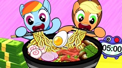 Size: 1280x720 | Tagged: safe, artist:spc stopmotion, applejack, rainbow dash, earth pony, pegasus, pony, g4, applejack's hat, bean mouth, bowl, chopsticks, clock, cowboy hat, dollar, dollars, duo, duo female, eating, egg (food), elsagate, female, food, hat, it came from youtube, mare, meat, missing freckles, money, mukbang, mushroom, noodles, number, numbers, onion, open mouth, open smile, pink background, ponies eating meat, raised hoof, ramen, simple background, smiling, stopmotion paper, sushi, table, thumbnail, timer, tongue out, vegetables, wat, weird youtube kids video, why, wtf, youtube link, youtube thumbnail