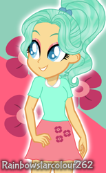 Size: 1228x1998 | Tagged: safe, artist:rainbowstarcolour262, garden grove, human, equestria girls, g4, background human, blue eyes, clothes, cute, cutie mark on clothes, eyeshadow, female, green hair, makeup, missing accessory, ponytail, scrunchie, shirt, signature, skirt, solo, wavy hair