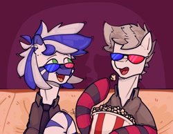 Size: 2300x1785 | Tagged: safe, artist:xtsij, oc, oc only, oc:periwinkle mirtillo, pegasus, pony, zebra, 3d glasses, blue, clothes, duo, female, food, green eyes, laughing, necktie, open mouth, pegasus oc, piercing, popcorn, shirt, socks, striped, striped mane, striped socks, zebra oc