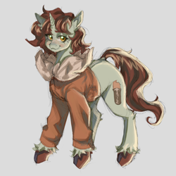 Size: 3000x3000 | Tagged: safe, artist:tendocake, oc, pony, unicorn, brown hair, clothes, ear fluff, fluffy hair, freckles, high res, hoof fluff, jacket, looking at you, ponysona, short hair, simple background, smiling, smiling at you, solo, thick eyebrows