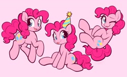 Size: 2048x1244 | Tagged: safe, artist:moozua, pinkie pie, earth pony, pony, g4, :p, cute, diapinkes, female, hat, looking at you, mare, no nose, one eye closed, open mouth, open smile, party hat, pink background, ponk, simple background, sitting, smiling, smiling at you, solo, tongue out, triality, wink, winking at you