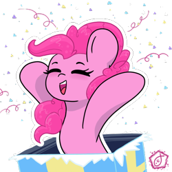 Size: 600x600 | Tagged: safe, artist:swishyfishy4308, pinkie pie, earth pony, pony, g4, commission, confetti, cute, female, mare, outline, promo, promotional art, simple background, solo, transparent background, white outline, ych example, your character here
