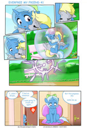 Size: 749x1102 | Tagged: safe, artist:jeremy3, derpy hooves, trixie, pegasus, pony, unicorn, comic:everfree my friend, g4, bench, food, muffin, teleportation