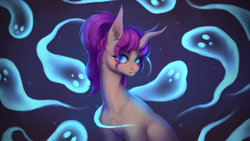 Size: 3840x2160 | Tagged: safe, alternate version, artist:miurimau, oc, oc only, oc:heart spark, classical unicorn, ghost, pony, undead, unicorn, 4k, cloven hooves, female, high res, horn, leonine tail, mare, solo, unicorn oc, unshorn fetlocks, wallpaper