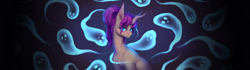 Size: 7680x2160 | Tagged: safe, alternate version, artist:miurimau, oc, oc only, oc:heart spark, classical unicorn, ghost, pony, undead, unicorn, 32:9, absurd resolution, cloven hooves, female, horn, leonine tail, mare, solo, tail, unicorn oc, unshorn fetlocks, wallpaper