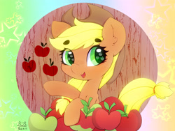 Size: 4000x3000 | Tagged: safe, artist:zokkili, applejack, earth pony, pony, g4, apple, apple eyes, applejack's hat, beanbrows, cowboy hat, cute, eyebrows, eyebrows visible through hair, female, food, hat, high res, jackabetes, looking at you, mare, open mouth, open smile, signature, smiling, smiling at you, solo, that pony sure does love apples, wingding eyes