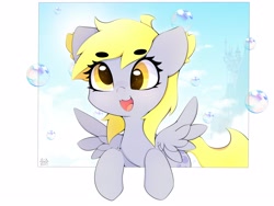 Size: 4000x3000 | Tagged: safe, artist:zokkili, derpy hooves, pegasus, pony, g4, beanbrows, bubble, canterlot, cute, derp, derpabetes, eyebrows, eyebrows visible through hair, female, high res, looking at you, mare, open mouth, open smile, signature, smiling, smiling at you, solo, spread wings, wings