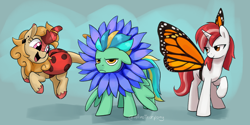 Size: 2634x1318 | Tagged: safe, artist:aanotherpony, oc, oc only, oc:belisca, oc:mercy, oc:vindi, kirin, pegasus, pony, unicorn, butterfly wings, clothes, costume, flower, flower costume, wings