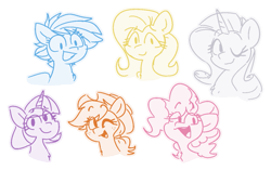 Size: 1233x776 | Tagged: safe, artist:blex, applejack, fluttershy, pinkie pie, rainbow dash, rarity, twilight sparkle, earth pony, pegasus, pony, unicorn, g4, alternate hairstyle, applejack's hat, bust, cowboy hat, curly mane, doodle, ears up, eyelashes, female, freckles, hat, looking at you, mane six, mare, one eye closed, open mouth, partial color, simple background, transparent background, wink, winking at you