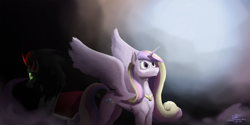 Size: 2500x1250 | Tagged: safe, artist:calebpedigo, king sombra, princess cadance, alicorn, pony, unicorn, g4, concave belly, darkness, date (time), female, light, long mane, looking back, male, mare, peytral, signature, slender, solo focus, spread wings, stallion, standing, thin, wings