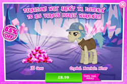Size: 1960x1301 | Tagged: safe, gameloft, idw, clay forge, earth pony, pony, g4, my little pony: magic princess, official, advertisement, cleft chin, clothes, costs real money, english, facial hair, gem, hard hat, hat, idw showified, introduction card, leg hair, male, mobile game, numbers, sale, sideburns, solo, stallion, text