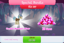 Size: 1264x858 | Tagged: safe, gameloft, idw, clay forge, earth pony, pony, g4, my little pony: magic princess, official, bundle, cleft chin, clothes, costs real money, english, facial hair, gem, hard hat, hat, idw showified, leg hair, male, mobile game, numbers, sale, sideburns, solo, special bundle, stallion, text