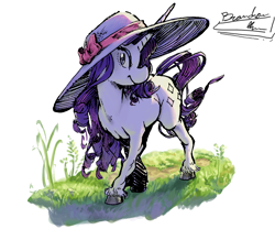 Size: 1302x1137 | Tagged: dead source, safe, artist:gordoleeno, rarity, pony, unicorn, g4, alternate hairstyle, clothes, clothes swap, colored, crossed hooves, curly hair, curly mane, digital art, digital painting, fashion, fashion style, female, filly, foal, graceful, grass, grass field, hat, lace, looking at you, mare, paint, painting, profile, quadrupedal, ribbon, simple background, smiling, smiling at you, solo, walking, white background