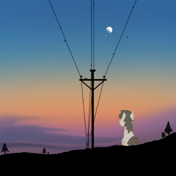 Size: 1080x1080 | Tagged: safe, artist:ashen light, derpibooru exclusive, oc, unnamed oc, pony, unicorn, moon, power line, sitting, solo, sunrise, telephone pole, tree