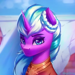 Size: 2000x2000 | Tagged: safe, artist:adagiostring, opaline arcana, pony, unicorn, g5, bust, clothes, commission, commission open, fanart, fanfic, fanfic art, female, high res, looking at you, mare, portrait, robe, solo, three quarter view