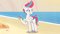 Size: 3072x1727 | Tagged: safe, screencap, zipp storm, pegasus, pony, g5, hot day huh?, my little pony: tell your tale, spoiler:g5, spoiler:my little pony: tell your tale, spoiler:tyts01e57, beach, cellphone, eyebrows, female, lip bite, mare, phone, raised eyebrow, smartphone, solo