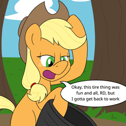 Size: 900x900 | Tagged: safe, artist:unitxxvii, applejack, earth pony, pony, g4, dialogue, female, implied rainbow dash, lidded eyes, looking down, mare, missing cutie mark, open mouth, solo, speech bubble, tire