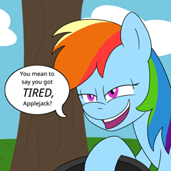 Size: 900x900 | Tagged: safe, artist:unitxxvii, rainbow dash, pegasus, pony, g4, dialogue, female, grin, implied applejack, mare, narrowed eyes, open mouth, open smile, pun, shit eating grin, smiling, smug, solo, speech bubble, tire