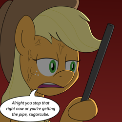Size: 900x900 | Tagged: safe, artist:unitxxvii, applejack, earth pony, pony, g4, angry, applejack is not amused, dialogue, female, hoof hold, implied rainbow dash, lead pipe, mare, narrowed eyes, open mouth, red background, simple background, solo, speech bubble, unamused, vein bulge, weapon
