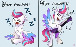 Size: 3004x1846 | Tagged: safe, artist:galaxy swirl, zipp storm, pegasus, pony, g5, spoiler:g5, adorazipp, before and after, chest fluff, cute, electric guitar, female, floppy ears, guitar, happy, high res, mare, music notes, musical instrument, onomatopoeia, open mouth, solo, sound effects, spread wings, that pony sure does love chocolate, unshorn fetlocks, wings, zzz