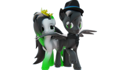 Size: 3840x2160 | Tagged: safe, artist:lithus, oc, oc:grayhoof, oc:lithus, earth pony, pegasus, pony, wolf, wolf pony, 3d, 3d model, blender, blender cycles, clothes, crown, duo, fedora, gradient hooves, gradient mane, gradient tail, happy, hat, high res, jewelry, looking at each other, looking at someone, nom, regalia, scarf, simple background, spread wings, striped scarf, tail, transparent background, wings