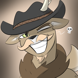 Size: 1000x1000 | Tagged: safe, artist:kingkrail, oc, oc only, oc:krail, deer, reindeer, antlers, cowboy hat, facial hair, hat, looking at you, moustache, skull, smiling, solo