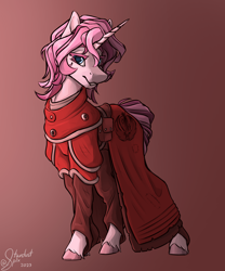 Size: 3000x3600 | Tagged: safe, artist:stardustspix, oc, oc only, oc:glimmerlight, pony, unicorn, fallout equestria, fallout equestria: murky number seven, blue eyes, clothes, colored eyebrows, colored eyelashes, colored pupils, fanfic art, gradient background, high res, horn, looking at you, pink coat, pink mane, smiling, smiling at you, solo, steel ranger, steel ranger scribe, two toned mane