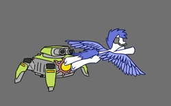 Size: 2214x1380 | Tagged: safe, artist:mrbrain, oc, pegasus, pony, robot, blue mane, blue tail, blue wings, crossover, deep rock galactic, flying, gray background, headphones, pegasus oc, scout, simple background, tail, video game crossover, white coat, wings