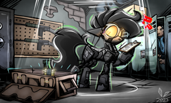 Size: 3255x1964 | Tagged: safe, artist:ccrystalonyxx, pony, robot, robot pony, fallout equestria, fallout, glowing, glowing eyes, gun, lockers, solo, spotlight, weapon