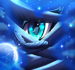 Size: 2262x2100 | Tagged: safe, artist:ladyluna2, princess luna, alicorn, pony, g4, blue eyes, blue mane, close-up, digital art, ethereal mane, eyelashes, feather, female, high res, looking at you, mare, moon, night, solo, space, sparkles, speedpaint, spread wings, starry mane, stars, wings