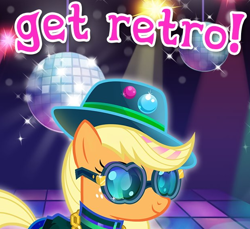 Size: 620x568 | Tagged: safe, gameloft, applejack, earth pony, pony, g4, my little pony: magic princess, 80s, cropped, english, female, makeup, meme, retro, run dmc, solo, text, wow! glimmer