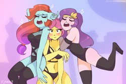 Size: 4000x2684 | Tagged: safe, alternate character, alternate version, artist:xjenn9, jazz hooves, pipp petals, posey bloom, human, equestria girls, g4, g5, breasts, busty jazz hooves, busty pipp petals, busty posey bloom, commission, drama queen pipp, draw the squad, equestria girls-ified, humanized, pony coloring, posey bloom is not amused, unamused, ych result