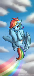 Size: 2160x4800 | Tagged: safe, artist:luckynb, rainbow dash, pegasus, pony, g4, butt, cloud, ears back, eyebrows, eyebrows visible through hair, female, flying, high res, mare, outdoors, rainbow trail, rainbutt dash, sky, solo, spread wings, underhoof, wings