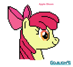 Size: 410x380 | Tagged: safe, artist:gojilion91, apple bloom, earth pony, pony, g4, bust, female, filly, foal, portrait, simple background, smiling, solo, text, white background