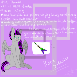 Size: 5000x5000 | Tagged: safe, artist:deadsmoke, oc, oc only, oc:mia thornhill, pegasus, pony, electric guitar, guitar, musical instrument, piercing, reference sheet, rock (music), sitting, solo, text, tongue out