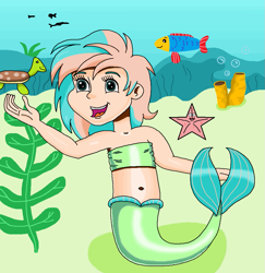 Size: 945x973 | Tagged: safe, artist:ocean lover, coral currents, fish, human, mermaid, starfish, turtle, g4, bandeau, bare shoulders, belly, belly button, boulder, bubble, cheerful, child, coralbetes, cute, female, fins, fish tail, green eyes, happy, human coloration, humanized, innocent, kelp, leaves, light skin, looking at something, mermaid tail, mermaidized, midriff, ms paint, ocean, older, older coral currents, open mouth, rock, sand, seaweed, sister, sleeveless, species swap, sponge, tail, tail fin, two toned hair, underwater, water