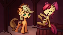 Size: 960x540 | Tagged: safe, artist:그린레모네이드, apple bloom, applejack, earth pony, pony, g4, apple sisters, barn, barrel, eyes closed, female, filly, foal, mare, open mouth, siblings, sisters, sitting