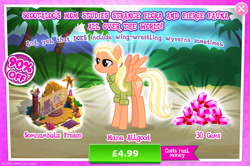 Size: 1956x1298 | Tagged: safe, gameloft, mane allgood, pegasus, pony, g4, my little pony: magic princess, official, advertisement, bush, clothes, costs real money, english, gem, introduction card, mobile game, numbers, palm tree, sale, shirt, solo, spread wings, text, tree, wings