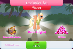 Size: 1270x861 | Tagged: safe, gameloft, mane allgood, pegasus, pony, g4, my little pony: magic princess, official, bundle, bush, clothes, costs real money, english, exclusive set, female, game screencap, gem, long legs, mare, mobile game, numbers, palm tree, ponytail, sale, shirt, solo, spread wings, text, tree, wings