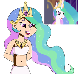 Size: 942x896 | Tagged: safe, artist:ocean lover, princess celestia, alicorn, human, pony, g4, princess twilight sparkle (episode), season 4, bare midriff, bare shoulders, beautiful, beautiful hair, belly, belly button, crown, diamond, elegant, eyebrows, female, flowing hair, human coloration, humanized, jewelry, lips, long hair, looking at someone, midriff, multicolored hair, open mouth, open smile, reference used, regalia, scene interpretation, screencap reference, sleeveless, smiling, solo, starry hair, wavy hair