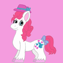 Size: 1000x1000 | Tagged: safe, artist:mintwhistle, truly, earth pony, pony, g1, blue eyes, bow, colored hooves, female, hat, mare, medibang paint, pink background, pink hair, pink mane, pink tail, simple background, smiling, solo, tail, tail bow, teal eyes, unshorn fetlocks