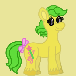 Size: 1000x1000 | Tagged: safe, artist:mintwhistle, magic star, earth pony, pony, g1, bow, colored hooves, female, green hair, mare, medibang paint, purple eyes, simple background, solo, tail, tail bow, unshorn fetlocks, yellow background
